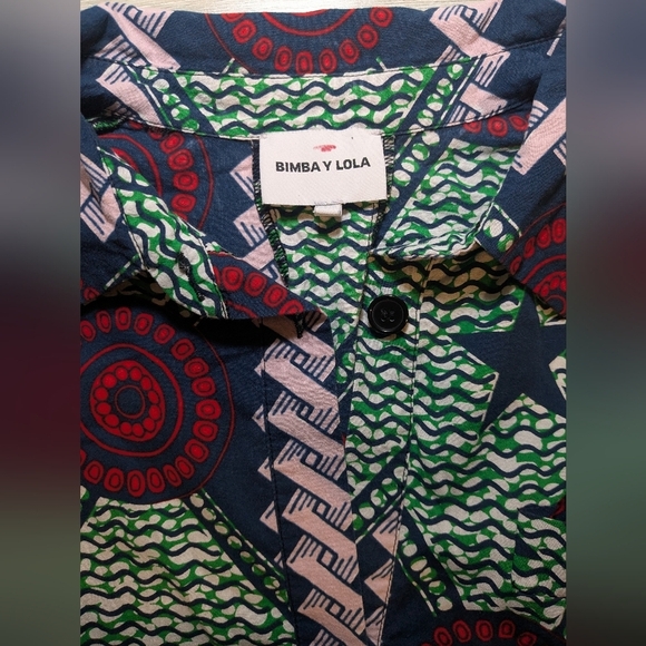 Bimba Y Lola Green Patterned Cotton Short Sleeve Button-Up Shirt Dress Artsy - Picture 10 of 12